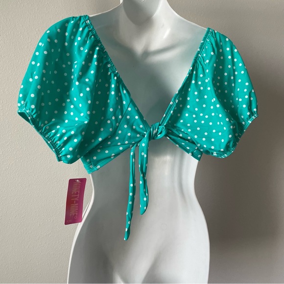 Polka Dot Swimsuit Puff Sleeve Top, Turquoise & White - Picture 4 of 6